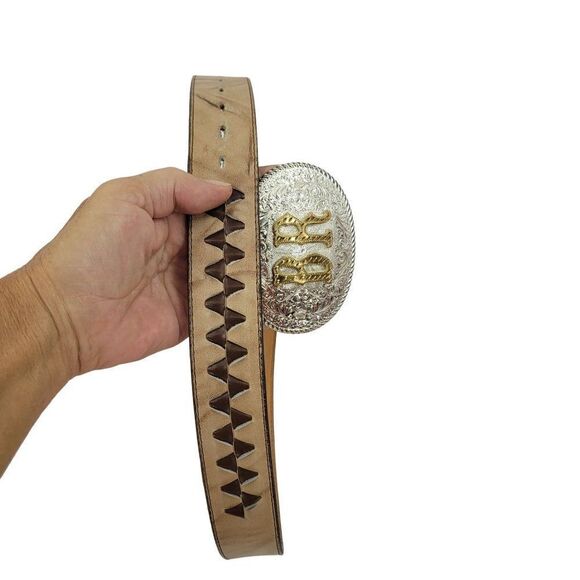 Vintage Nocona Belt Leather Inlay 30 Tan Silver Nickel B R Monogram Buckle - Picture 1 of 10